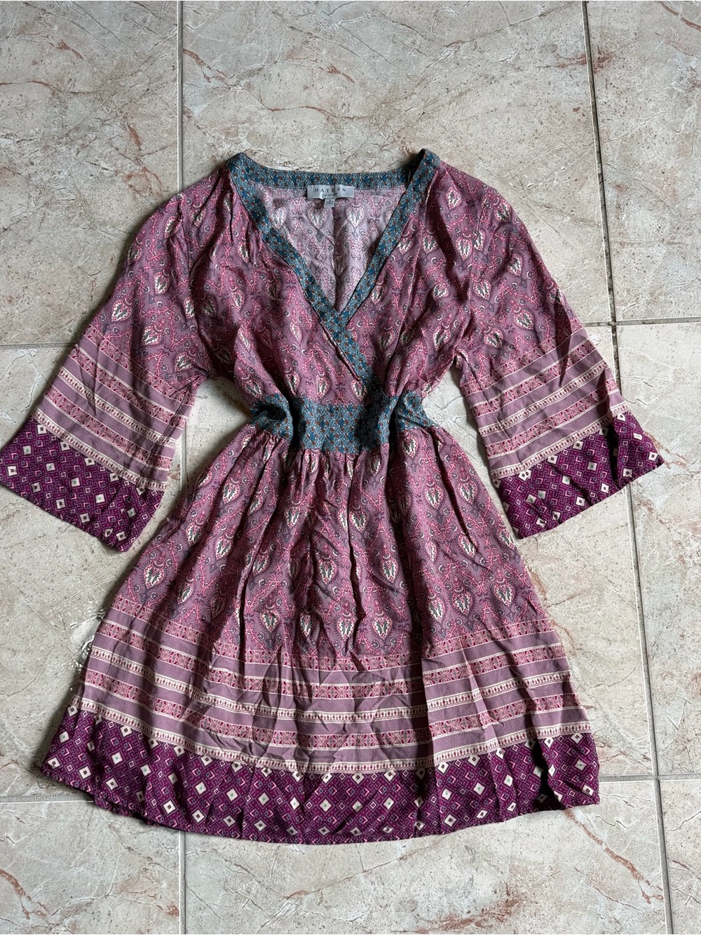 Long-Sleeve Mauve Paisley Wrap Dress with Smocked Waist